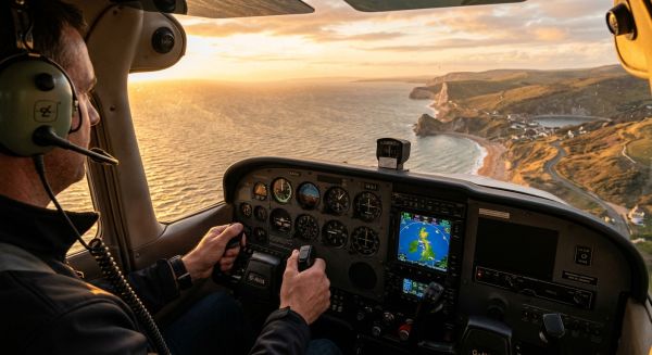 View from inside a light aircraft cockpit flying over the UK